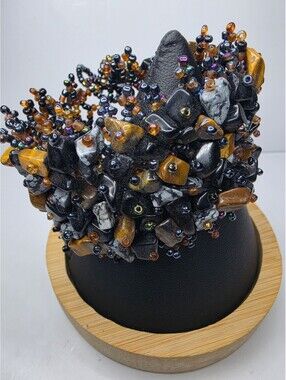 Handmade Tiger Eye & Onyx Gem Chip Beaded Cuff Bracelet Wide Statement